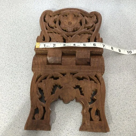 Vintage Teak Wood Book Holder Kitchen Stand Hand Carved Floral Leaf Design Foldi - Picture 8 of 9